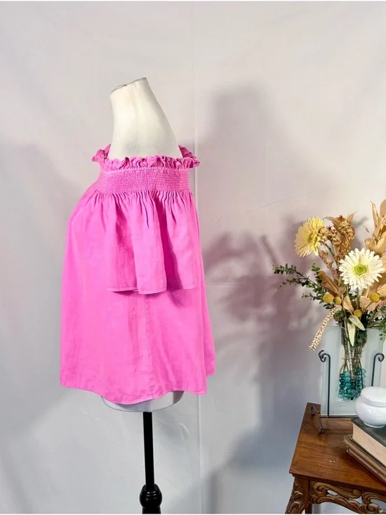 Lilly Pulitzer Leanne Off Shoulder Linen Top Aura Pink Smocked Blouse Large🧡 - Picture 5 of 9